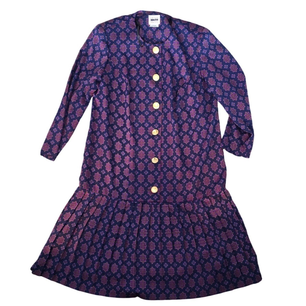 Vintage Drop Waist Dress‎ Long Sleeve Purple Geometric Print Gold Buttons